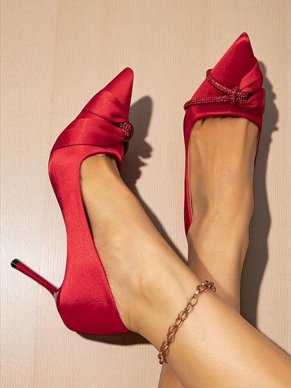 Pointed Women's Heels Red Toe Satin with Stiletto