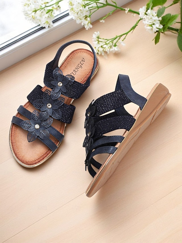 Women's Beige Sandals Floral Flat Elegant – Rhinestone