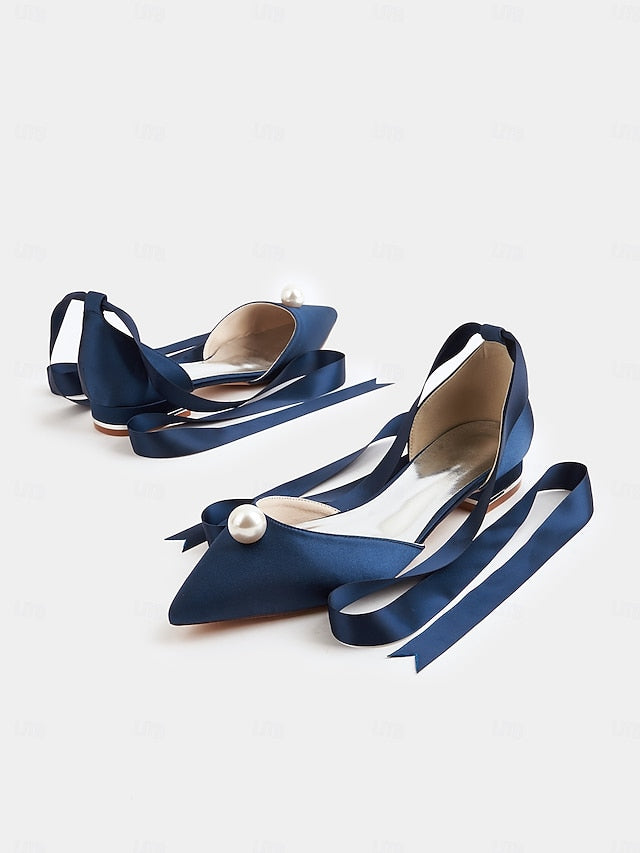 - Pointed Toe Navy Women's Pearl Satin Embellished Flats