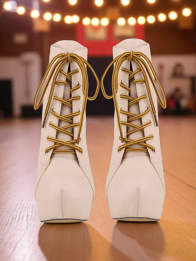 Boots Platform Beige Ankle - Women's Lace-Up Leather Faux
