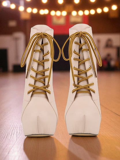 Boots Platform Beige Ankle - Women's Lace-Up Leather Faux