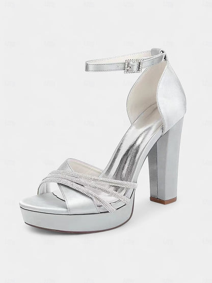 Satin Heel Purple with Straps Sandals Rhinestone High - Platform
