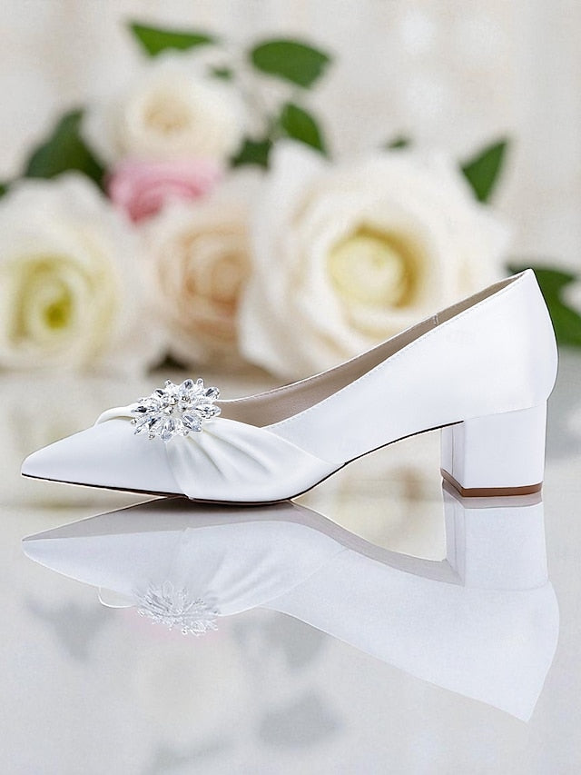 Block Heel Pumps with Crystal Low White Women's