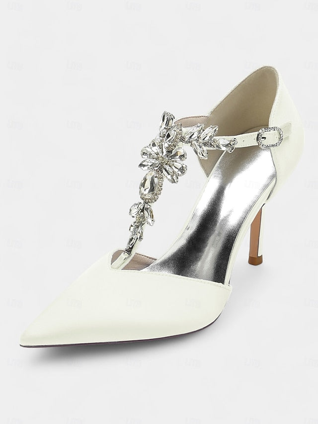 Blue – Satin Pointed Toe Heels Navy T-Strap Women's