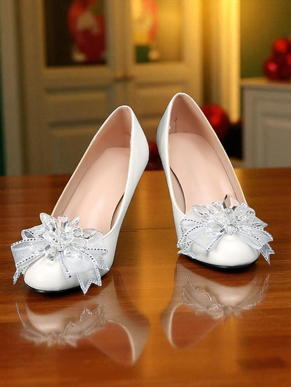 White Shoes Low Women's Wedding with Crystal Bow Heel