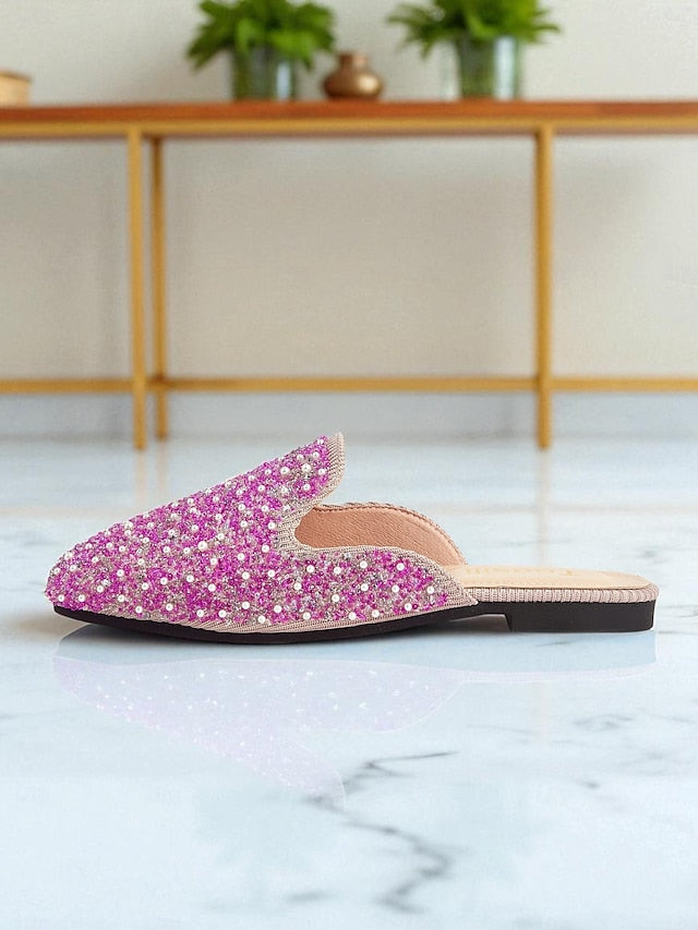 Rhinestone and Pink - Women's Pearl Mules Embellished