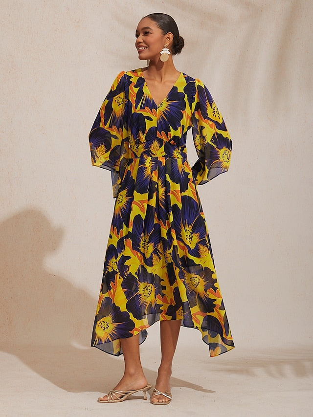 Vacation Abstract Floral Print Waist-defined Chiffon Maxi Dress