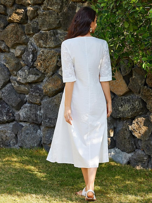 Women's Cotton Dress Sundress White Floral Midi Dress