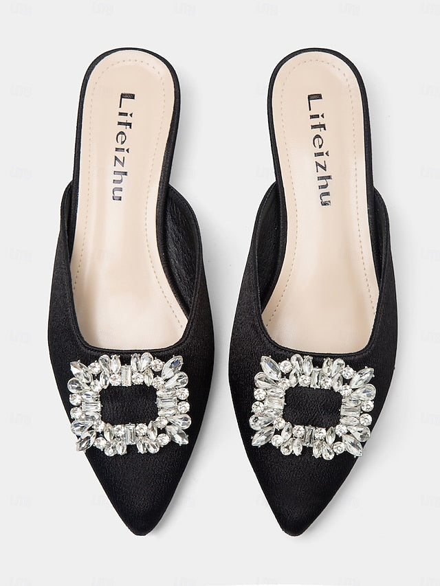 Rhinestone with Women's Pointed-Toe Satin Black Mules