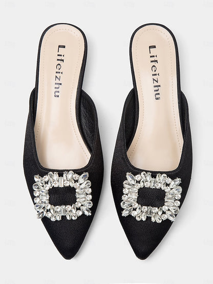 Rhinestone with Women's Pointed-Toe Satin Black Mules