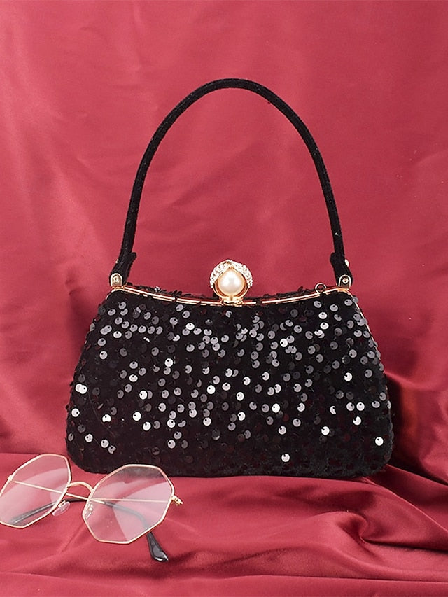 Black with Accent Sequin Clutch Pearl Evening Women's –
