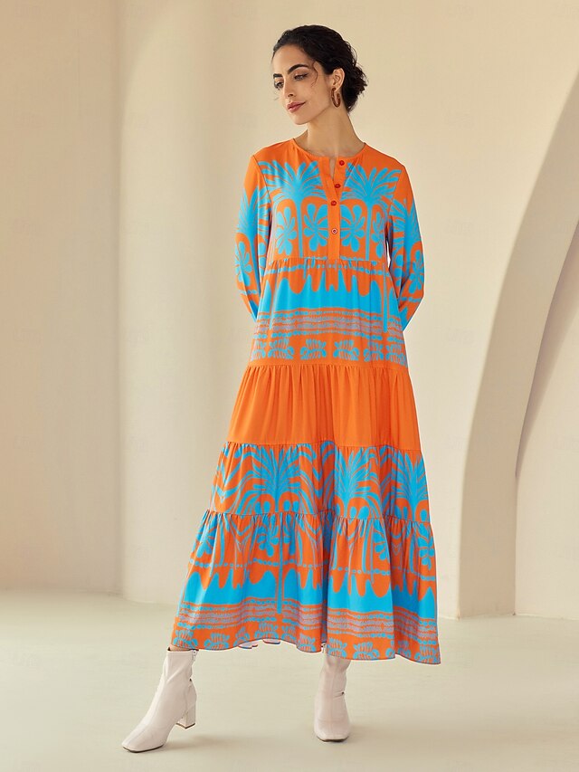 Plants Linear Button Up Crew Neck Ethnic Casual Maxi Dress