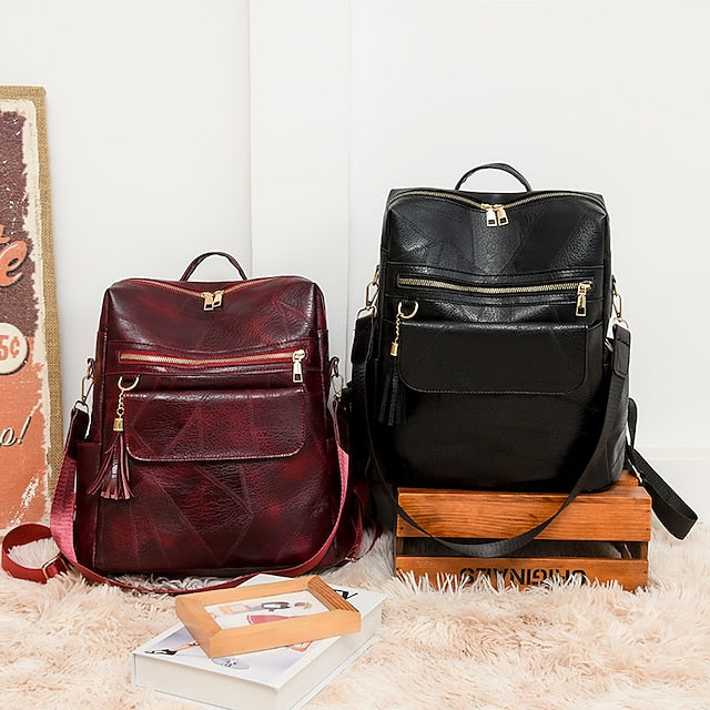 et sac à dos vintage en cuir avec pompon et similicuir pour femme