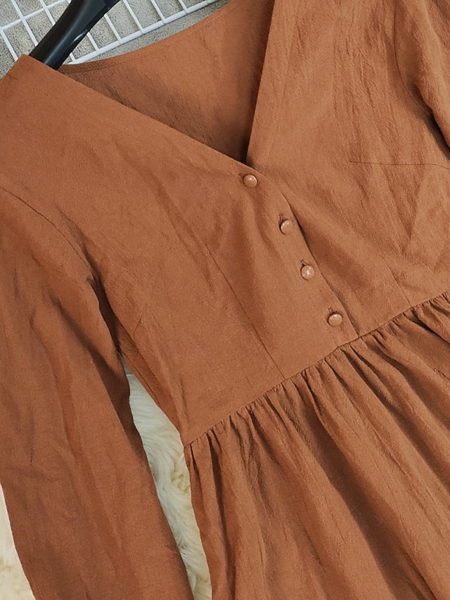 Women's Midi Dress Cotton Linen Dress Ruched Dress Fashion