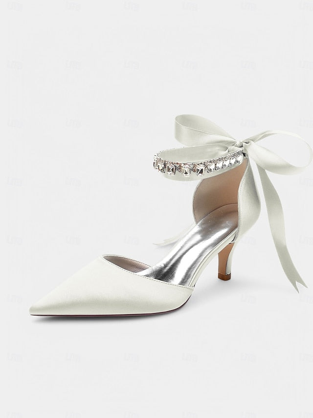 Strap Blue Heels Satin with Ankle Rhinestone and Pointed-Kitten