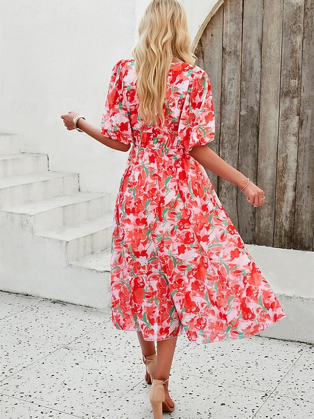 Women's Casual Dress Floral Print V Neck Midi Dress Ethnic