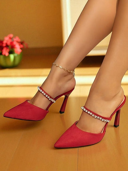 Elegant Red Women's Rhinestone with Stiletto Heels Strap -