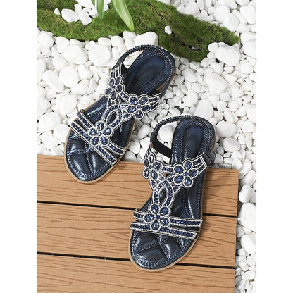 Flat Sandals Silver Women's – T-Strap Rhinestone Boho