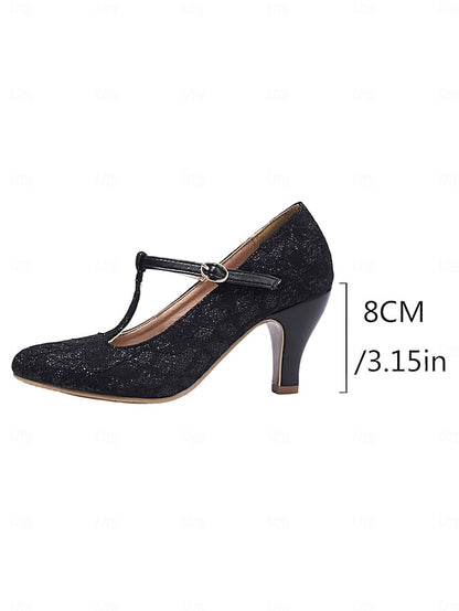 Lace Heel Ivory Mid T-Strap Women's Pumps-1920s Vintage