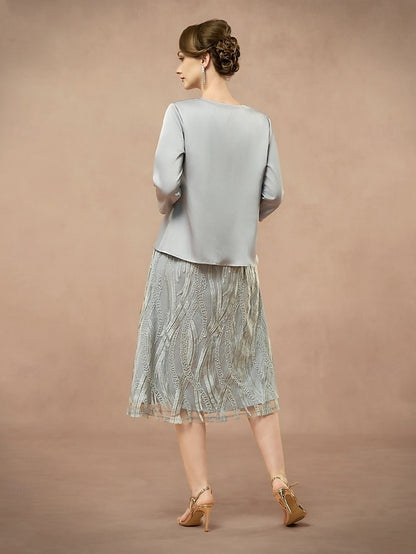 Elegant Pieces the of Mother Two A-Line Dress Neck Bride Jewel