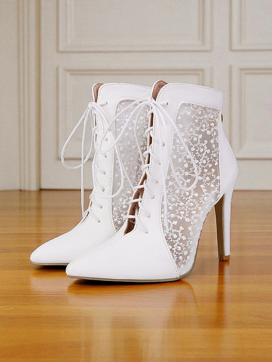 Stiletto Ankle Heels Mesh Women's Booties White Lace with