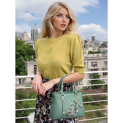 Faux Women's Handbag Embroidery Floral with Leather Green