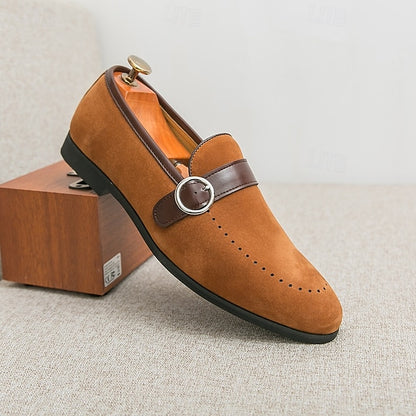 Men's Suede Brown Slip-On with Buckle Faux Strap Loafers