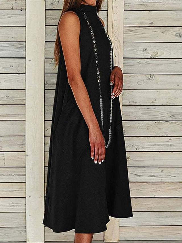 Women's Midi Dress Sleeveless Pockets Casual A-Line