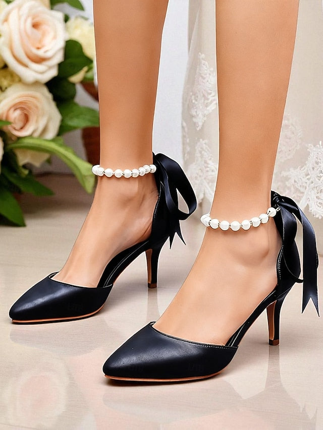 Ankle with Strap Bow Women's Pearl Heel - Kitten Pumps Blue