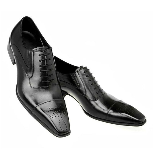 Black Faux Classic Leather Men's Oxford Dress Cap Shoes -