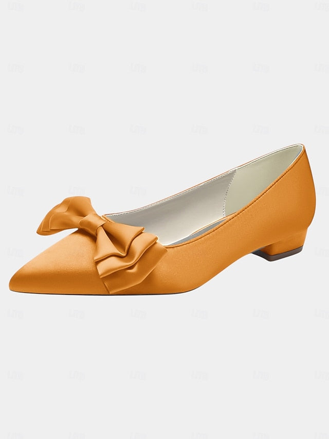 Satin Toe Pointed Green Bow Elegant - Women's Flats