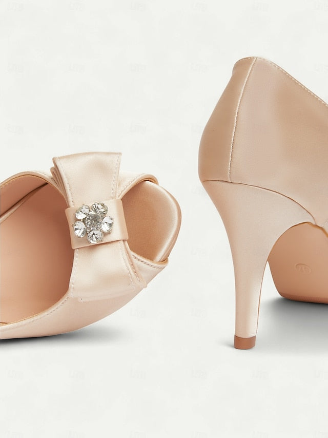 and Toe with Peep Satin Bow Champagne Heels Women's