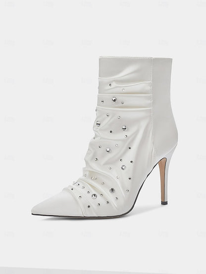 Women's Ankle White Rhinestone Satin with Boots