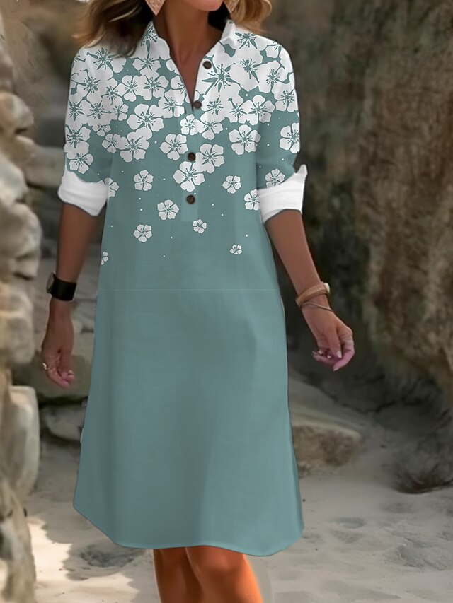 Women's Midi Dress Faux Cotton Linen Shirt Dress Casual