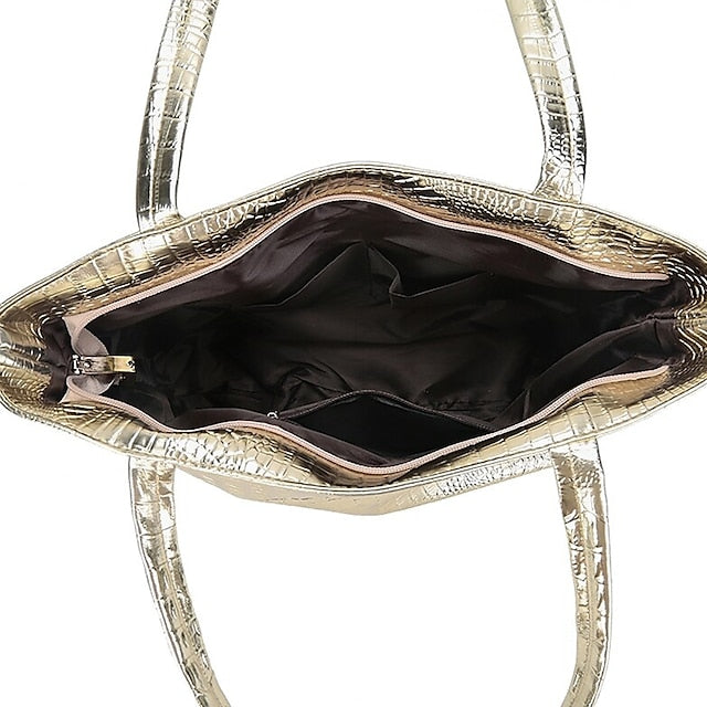 Tasche Faux Große Tote Geprägte Damen Kroko Silber | Kapazität