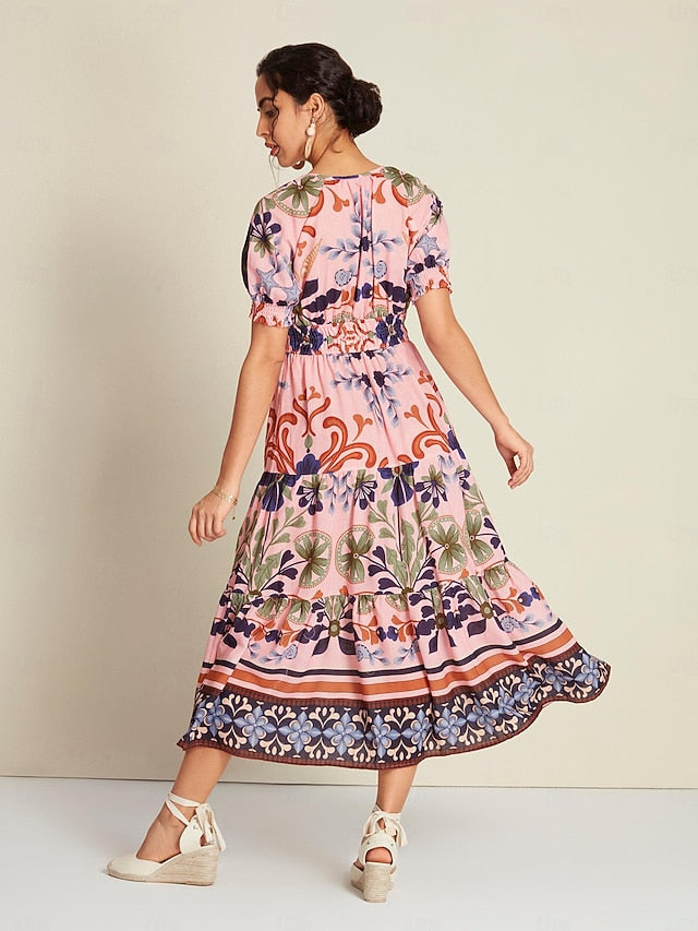 Floral Lace Up Elegant Short Sleeve Midi Dress