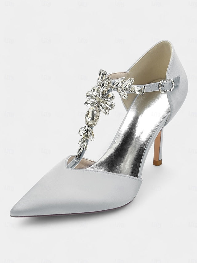 Blue – Satin Pointed Toe Heels Navy T-Strap Women's