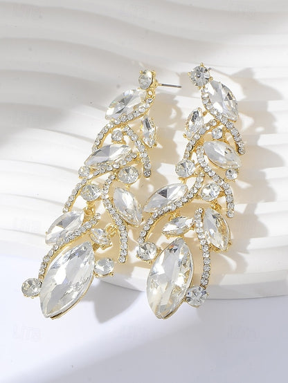 Leaf Design Earrings Women's Gold Elegant Crystal -