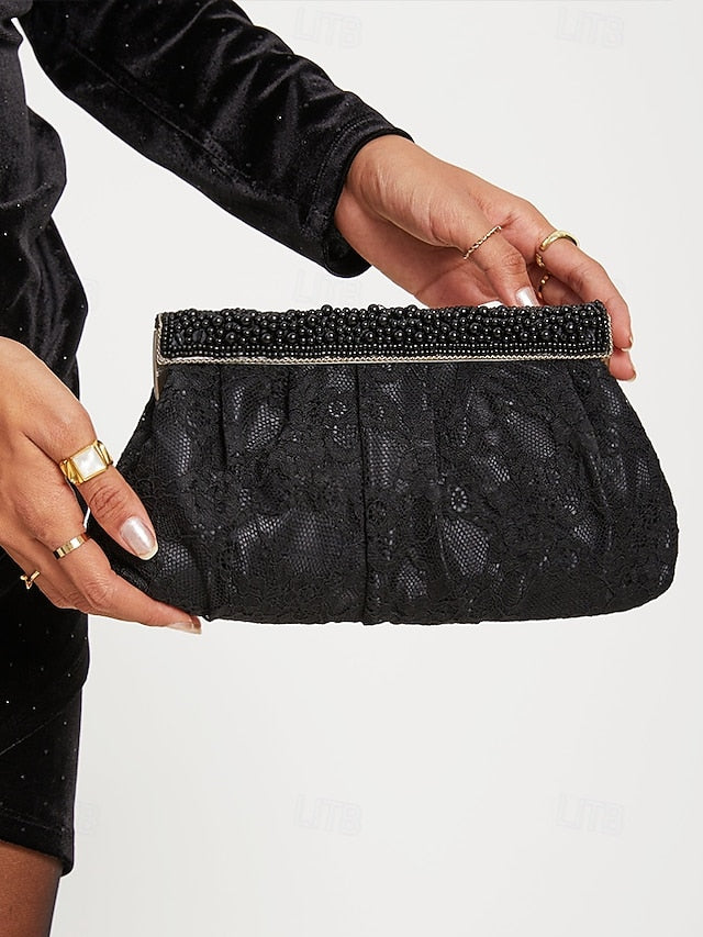 Clutch with Black Elegant Women's Beaded Evening Bag Lace