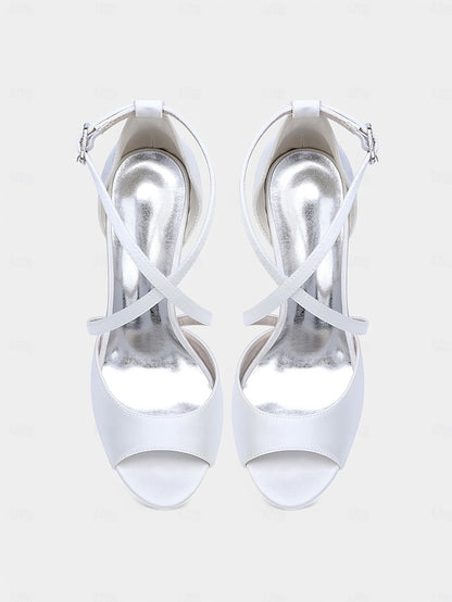 Women's Satin Peep-Toe – Elegant White Heels Cross-Strap