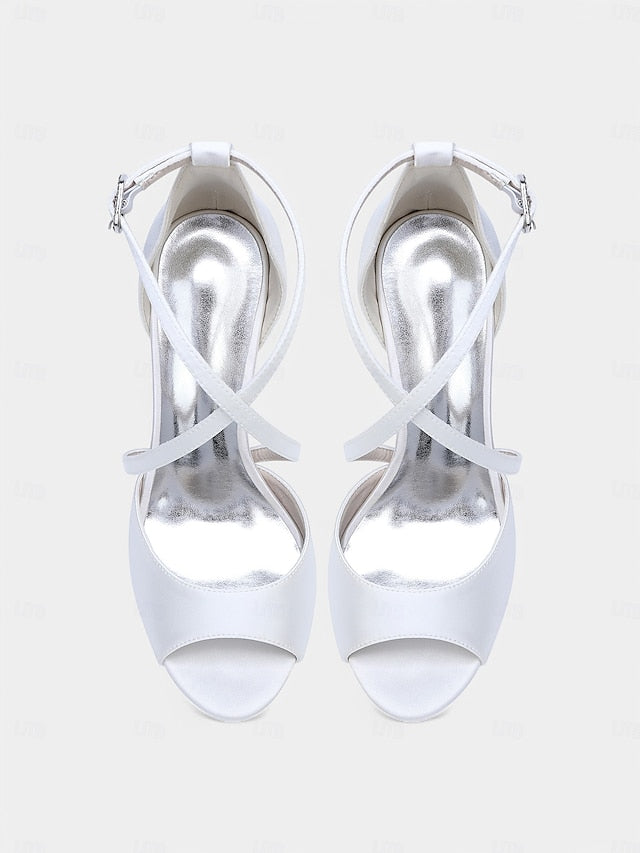 Cross-Strap Elegant Satin – Women's Heels White Peep-Toe