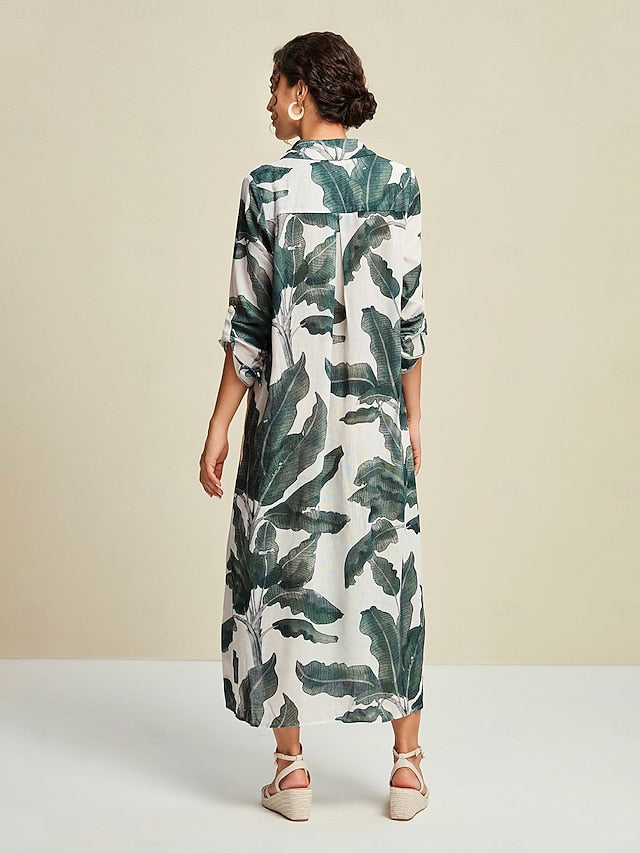 Tropical Leaves Print Maxi Dress