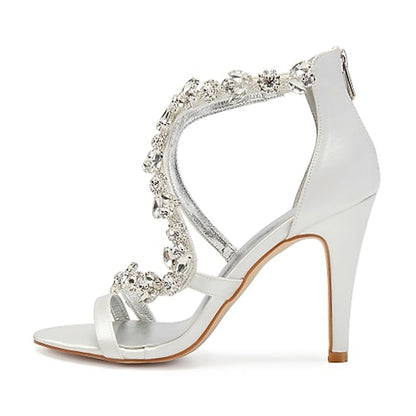 Floral Pink Sandals with High Heel Rhinestone Women's Satin