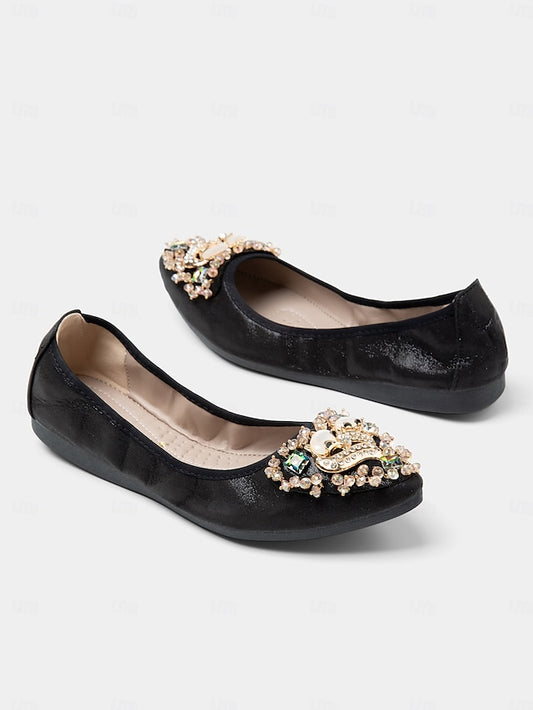Women's Foldable Rhinestone Ballet Black Flats with