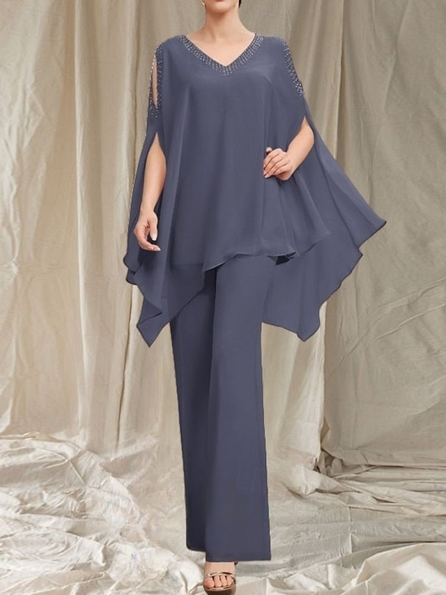 Elegant Dress the Pantsuit V Mother of Guest Bride Wedding Neck