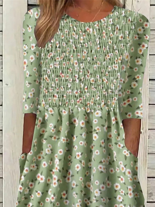 Women's Midi Dress Floral Ditsy Ruched Pocket Crew Neck