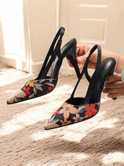 Heels Slingback Floral High Women's – Elegant Pointed Toe