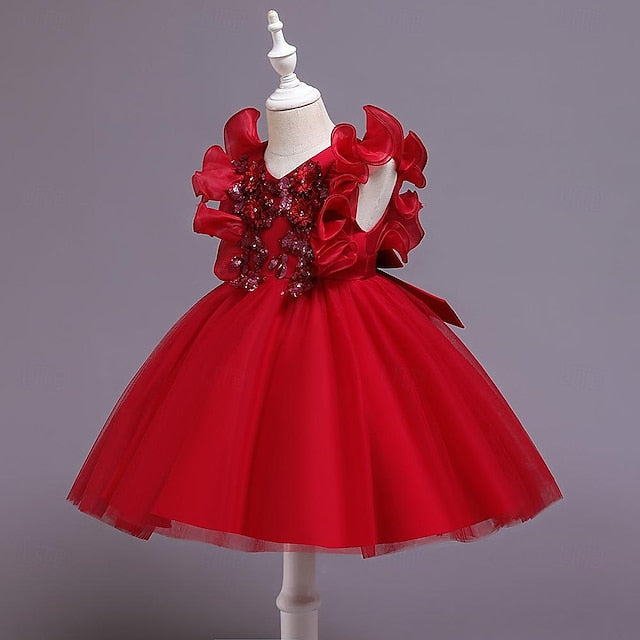 Solid Color Girls' Dress Sequin Flower Kids Party