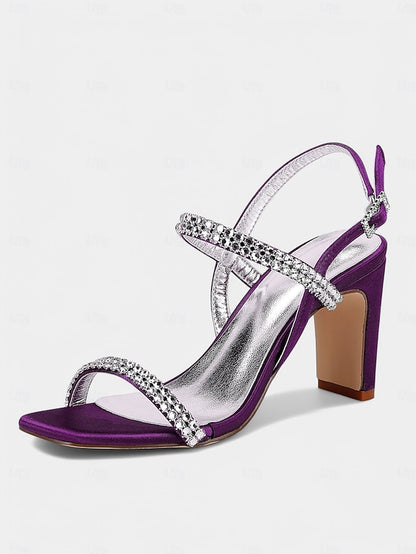 Sandals Prom White Block Rhinestone Women's Bridal – Heel
