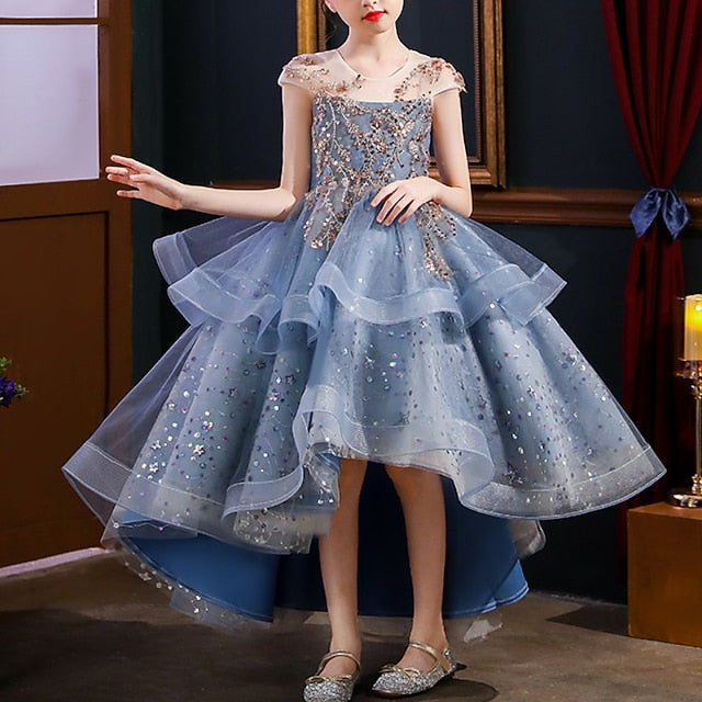 Performance Dress Girls' Sequin Short Kids Sleeve Party